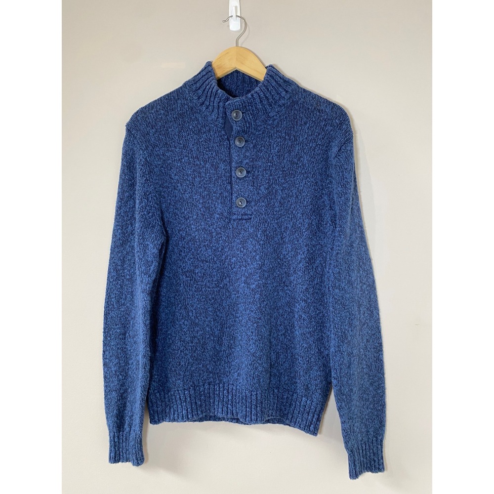 LL Bean Vintage‎ Mens Blue Marled Cotton Quarter Button Pullover Sweater MEDIUM